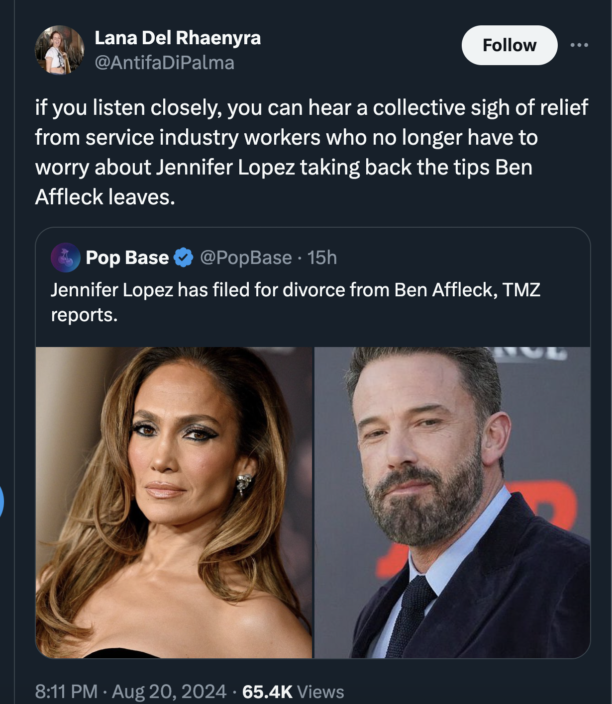 screenshot - Lana Del Rhaenyra if you listen closely, you can hear a collective sigh of relief from service industry workers who no longer have to worry about Jennifer Lopez taking back the tips Ben Affleck leaves. Pop Base 15h Jennifer Lopez has filed fo